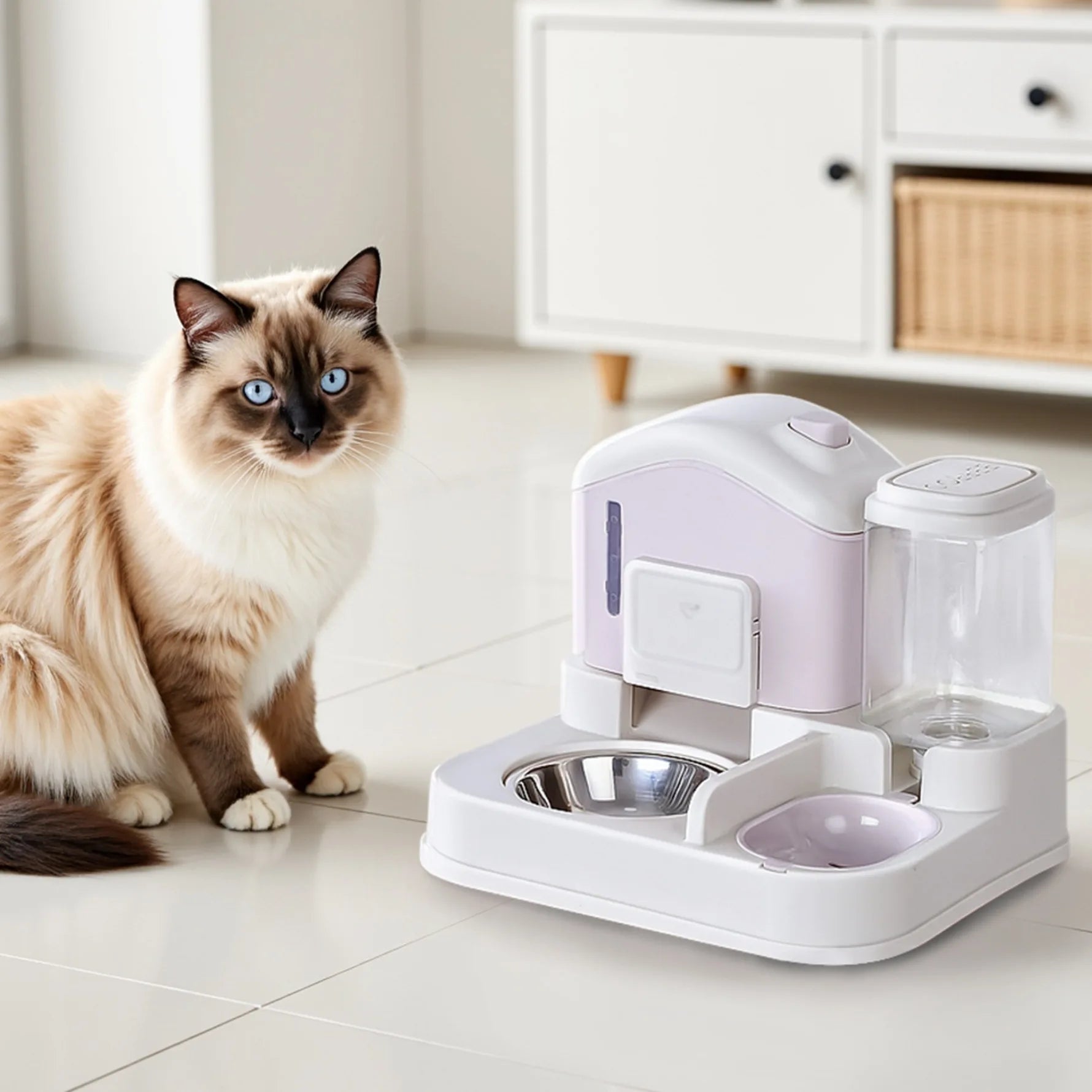 Cat sitting next to a pet feeding and water station on a tiled floor.