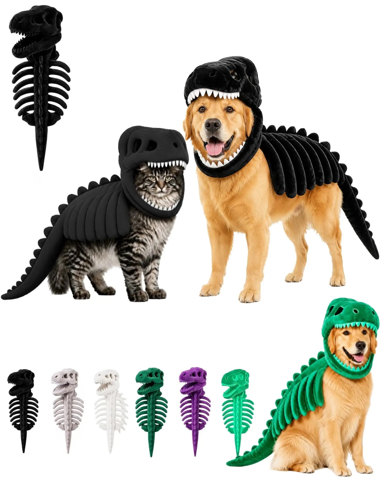 T-rex dinosaur skeleton pet costume shown on a dog and a cat, with a standalone head hood and tail accessory, plus five color options along the bottom on a white background.