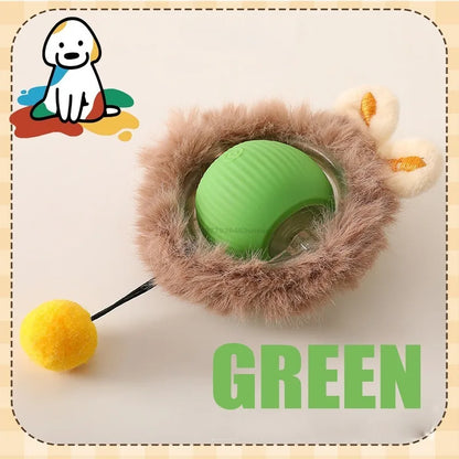 Pet toy with green ball and brown furry cover on a beige background