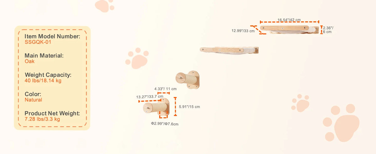 Wooden product with specifications on a white background with paw prints