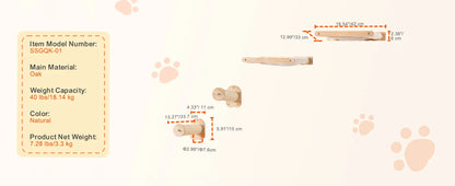 Wooden product with specifications on a white background with paw prints