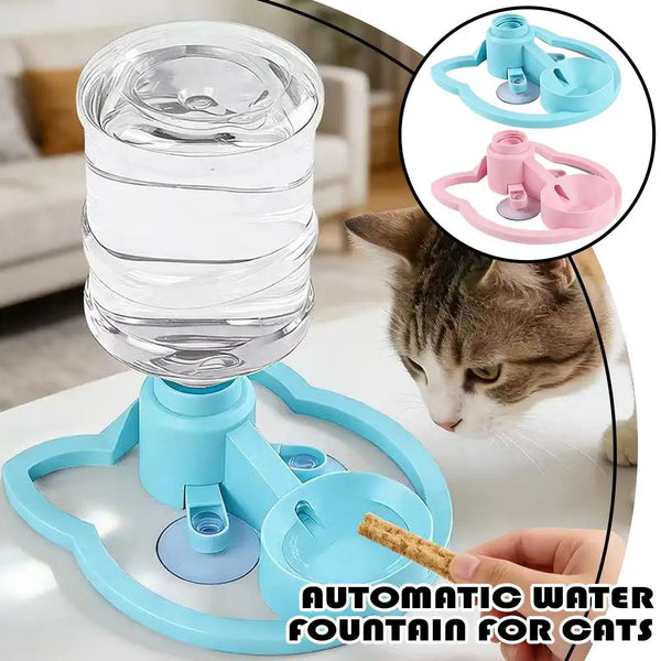 Automatic water fountain for cats with a close-up of the product and a cat drinking from it.