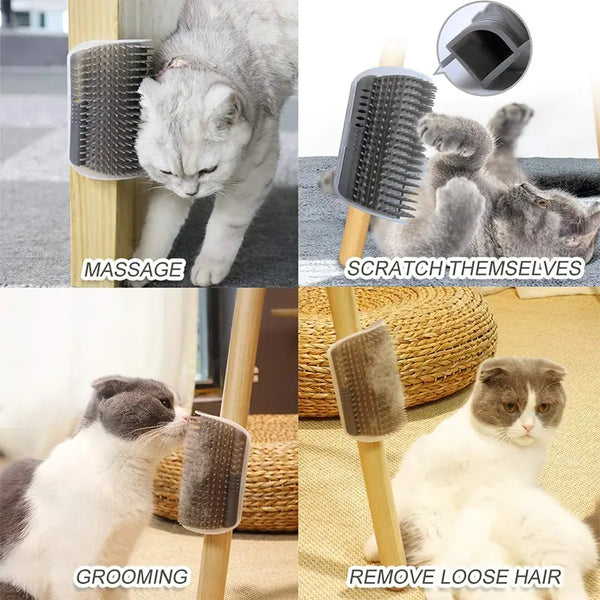 Cat grooming brush with text indicating its uses on a wooden stand.