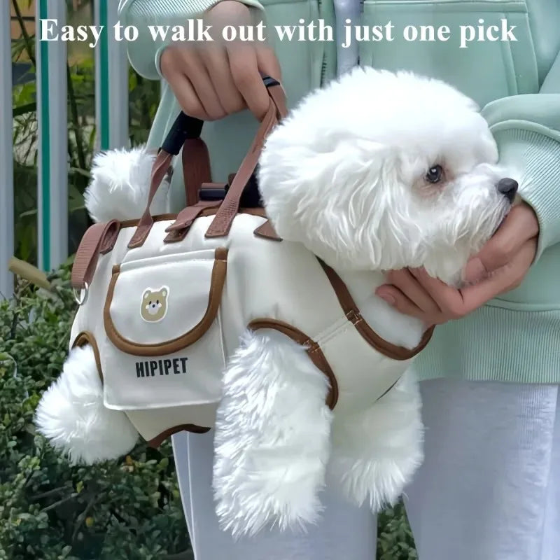 White dog in a small backpack with 'HIPIPET' branding, held by a person outdoors.