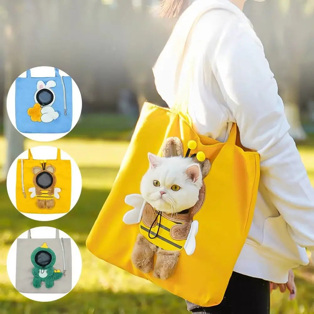 Person holding a yellow tote bag with a cat plushie, surrounded by close-up insets of different plushies.