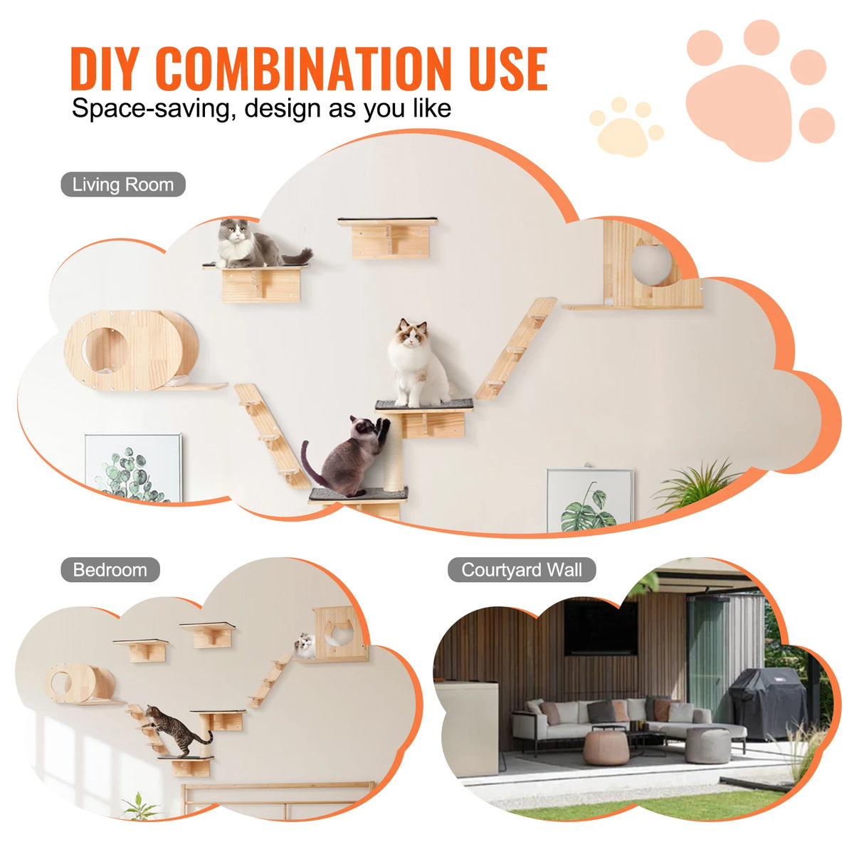 Cat shelf system with various uses in living room, bedroom, and courtyard wall.