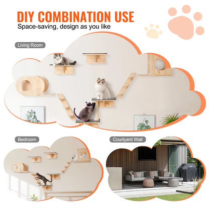 Cat shelf system with various uses in living room, bedroom, and courtyard wall.