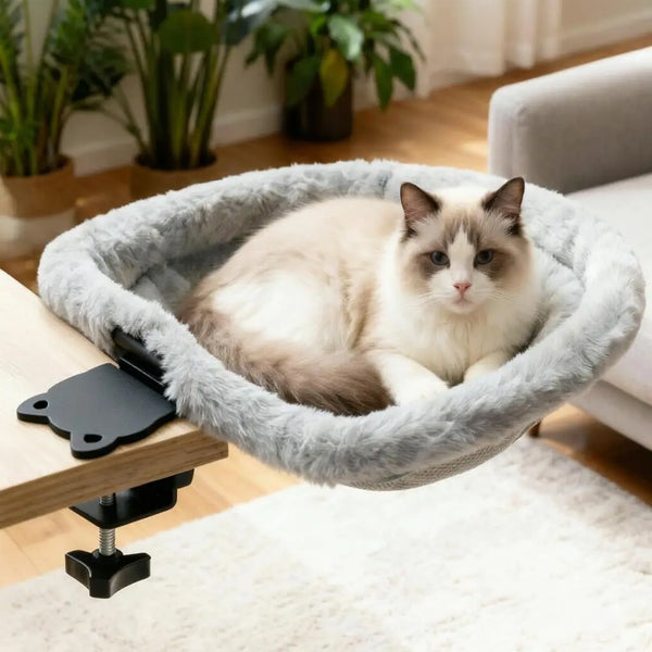 Cat lounging in a fluffy pet hammock attached to a table in a home setting.