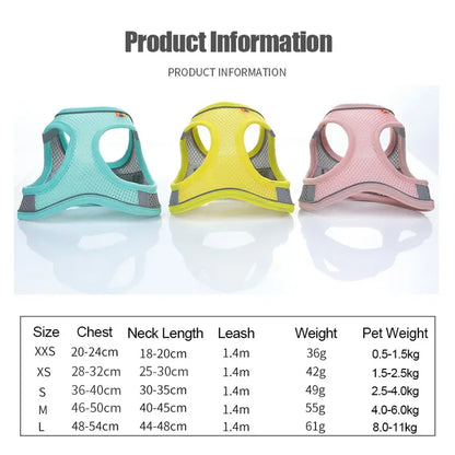 Three colorful pet harnesses with product information table on a white background