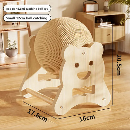 Wooden toy designed like a bear with a ball, placed on a wooden floor.
