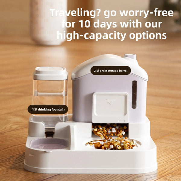 Pet feeding and water station with text on a wooden surface