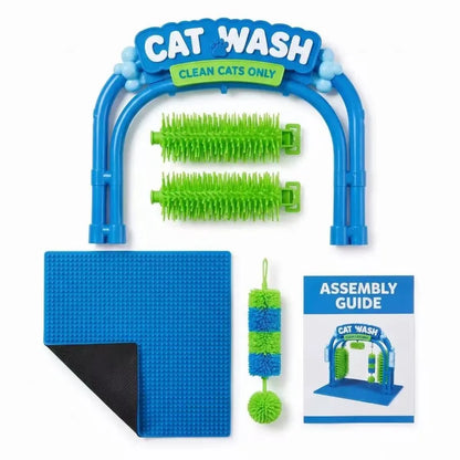 Cat wash kit with a blue plastic arch frame, two green cleaning brushes, a blue and green cylindrical scrubber, a blue mat with a black underside, and an assembly guide booklet on a white background.