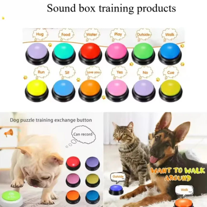Sound box training products with colorful buttons and images of pets interacting.