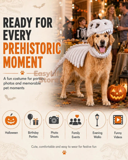 A golden retriever wearing a prehistoric dinosaur costume stands in a decorated Halloween setting. The costume includes a white textured body and a gray skull headpiece with teeth.