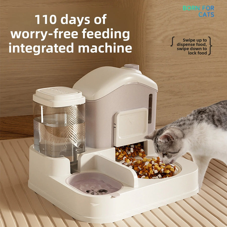 Pet feeding and water station with a cat interacting with the food compartment, on a wooden floor.