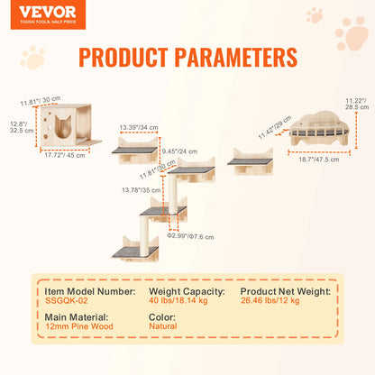 Product parameters of a VEVOR cat tree with dimensions and material details.