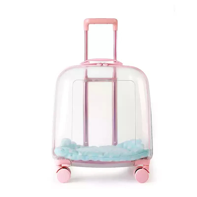 Clear suitcase with pink handle and wheels on a white background