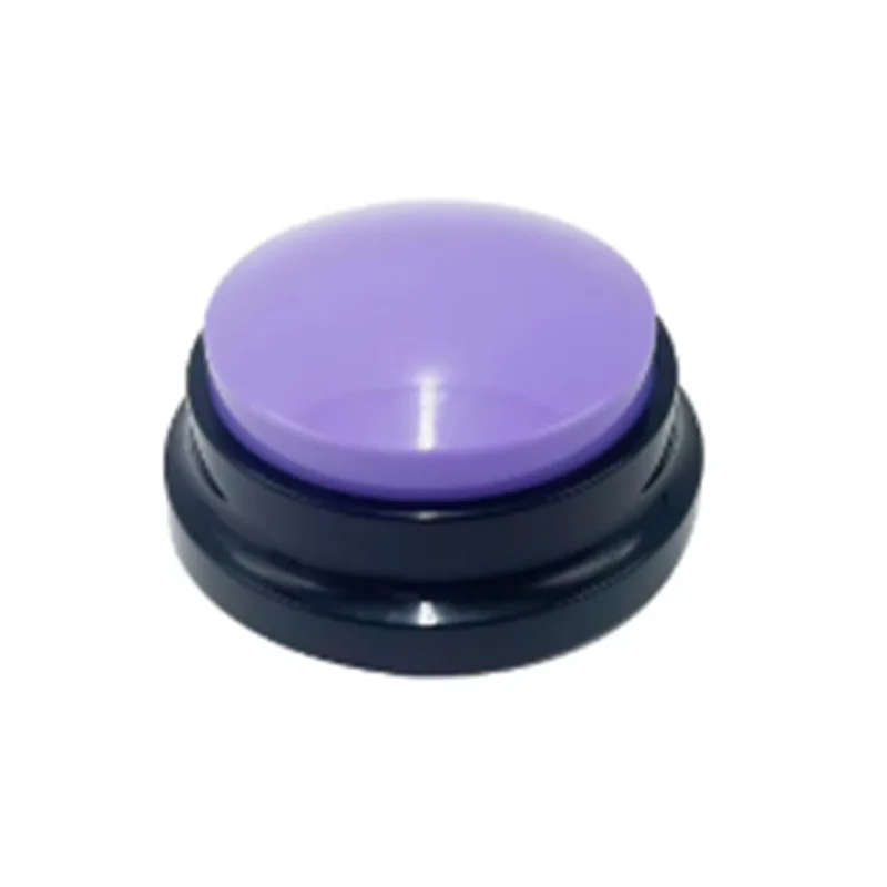 Round purple button with black base on a white background