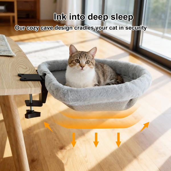 Cat resting in a cozy hammock attached to a desk with text highlighting its security features.