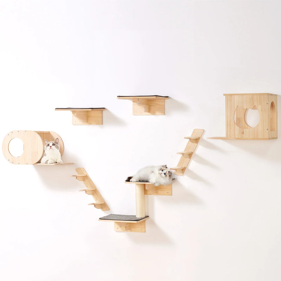 Wall Mounted Cat Shelves with Perches, Jumping Boards & Hammock