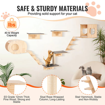 Cat play area with wooden shelves and climbing structures, featuring text about safe and sturdy materials.