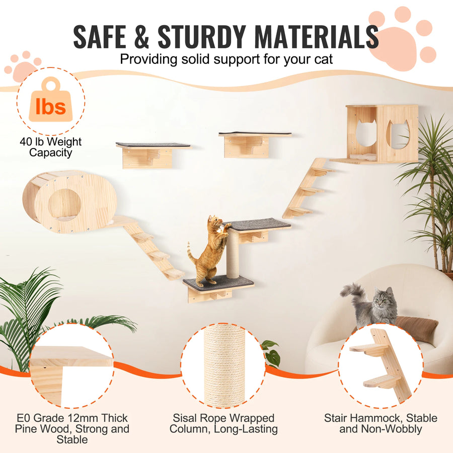 Wall Mounted Cat Shelves with Perches, Jumping Boards & Hammock