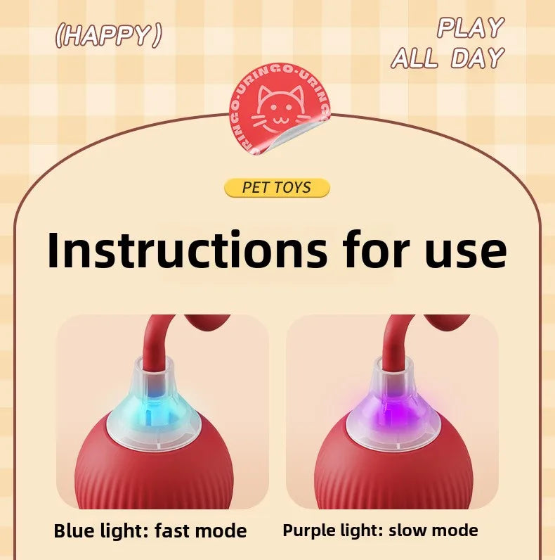 Pet toy instructions with red toys emitting blue and purple lights on a beige background.