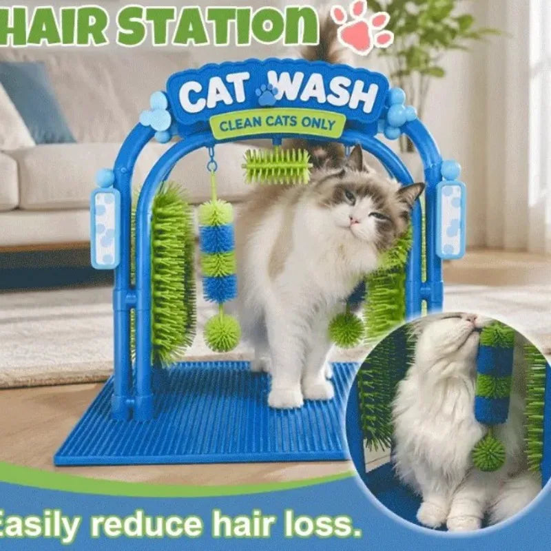 A cat grooming brush playpen with a blue arch frame, green and blue brush rollers, and a white cat standing inside. The image includes marketing text 'HAIR STATION' and 'CAT WASH' and a circular inset showing a close-up of the cat using the brush.