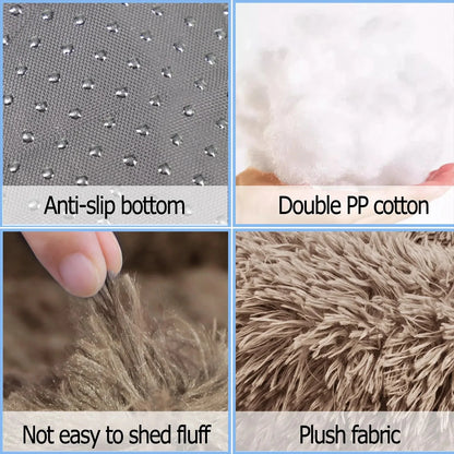 Collage of fabric textures with labels for anti-slip bottom, double PP cotton, not easy to shed fluff, and plush fabric.