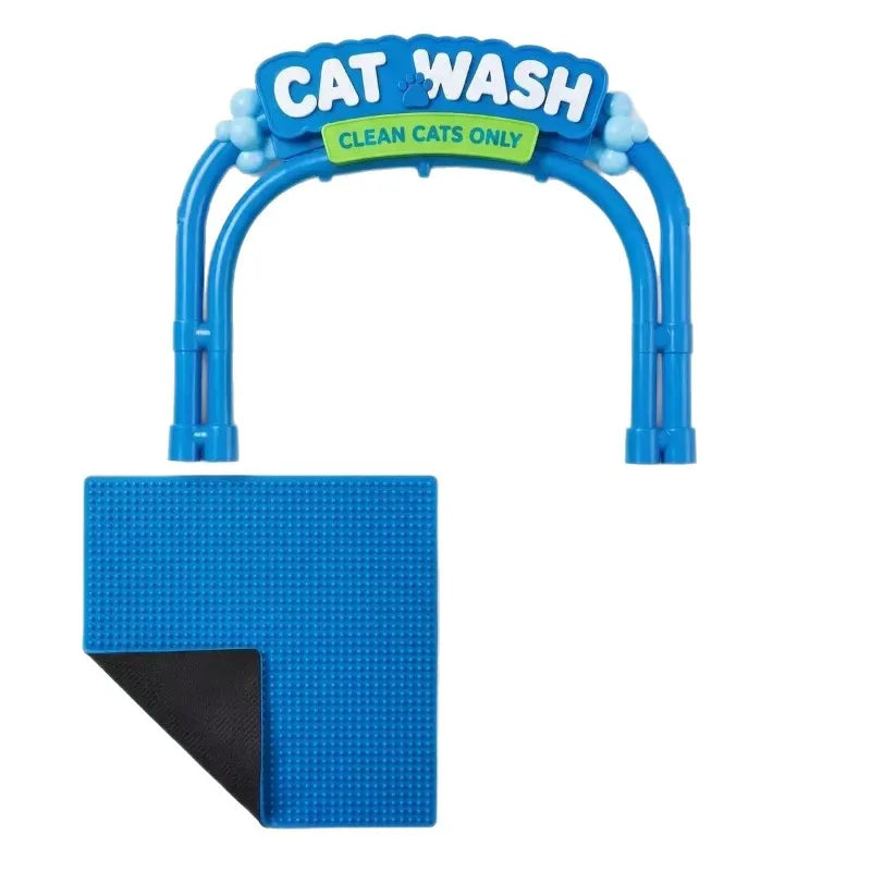 Blue plastic cat wash station with an arch frame, a sign reading 'CAT WASH' and 'CLEAN CATS ONLY', and a square blue mat with a black corner shown on a white background.
