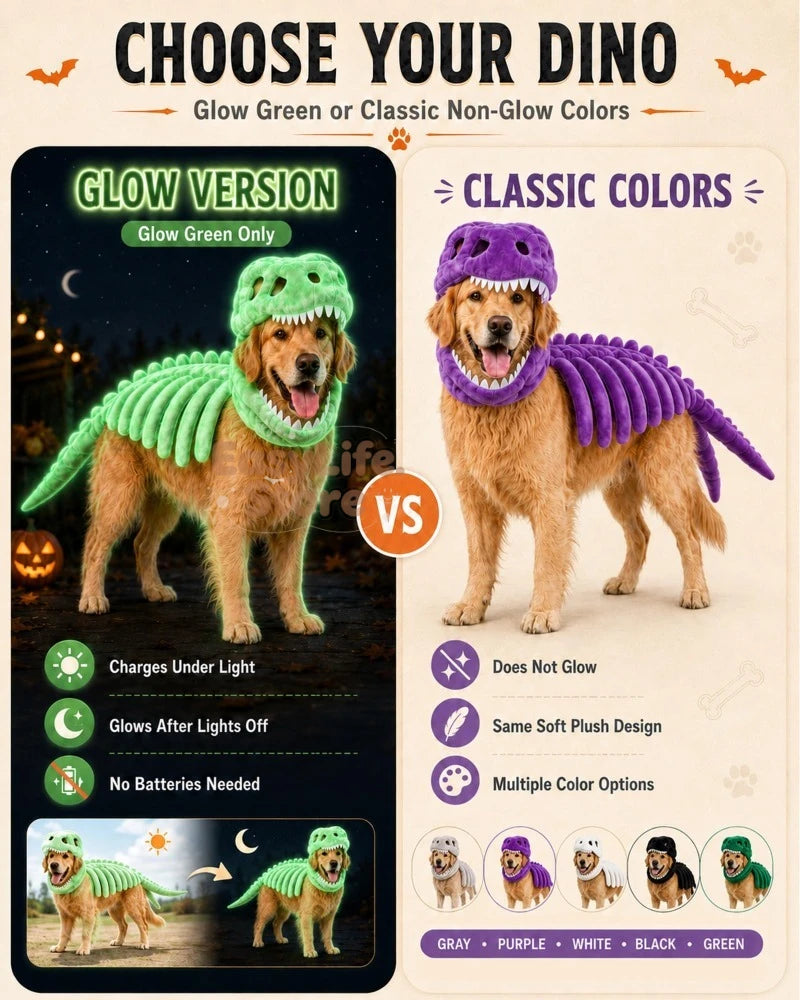 A promotional comparison graphic for a dog costume, showing two golden retriever models wearing dinosaur costumes side by side. The left panel highlights the 'Glow Version' in green, with text about it glowing after lights are turned off.