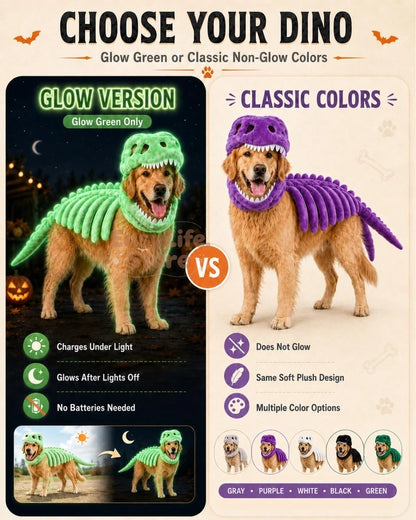 A promotional comparison graphic for a dog costume, showing two golden retriever models wearing dinosaur costumes side by side. The left panel highlights the 'Glow Version' in green, with text about it glowing after lights are turned off.
