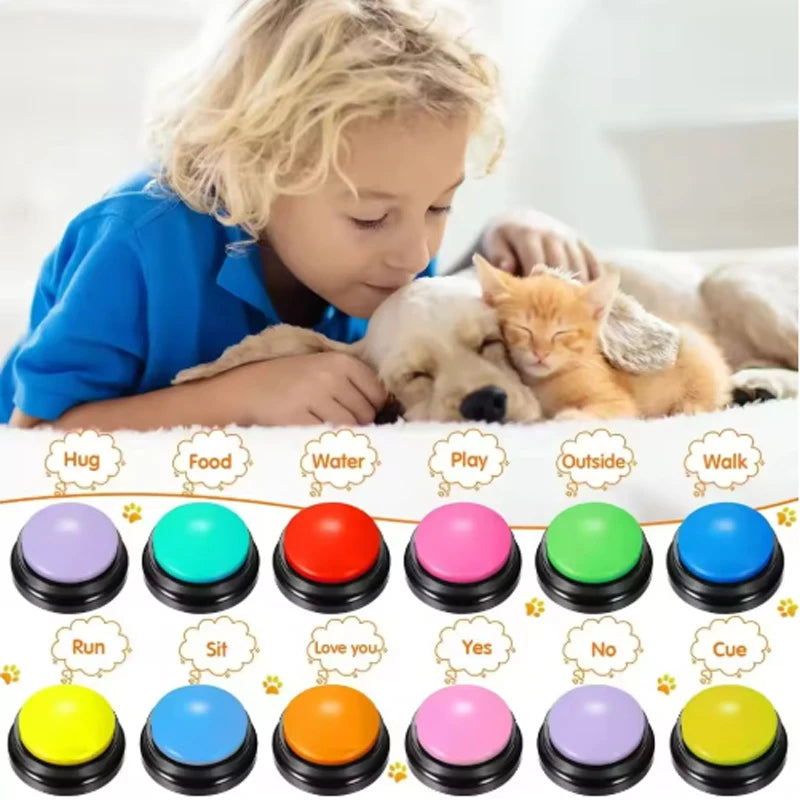 Child interacting with a dog and colorful buttons labeled with commands on a white background