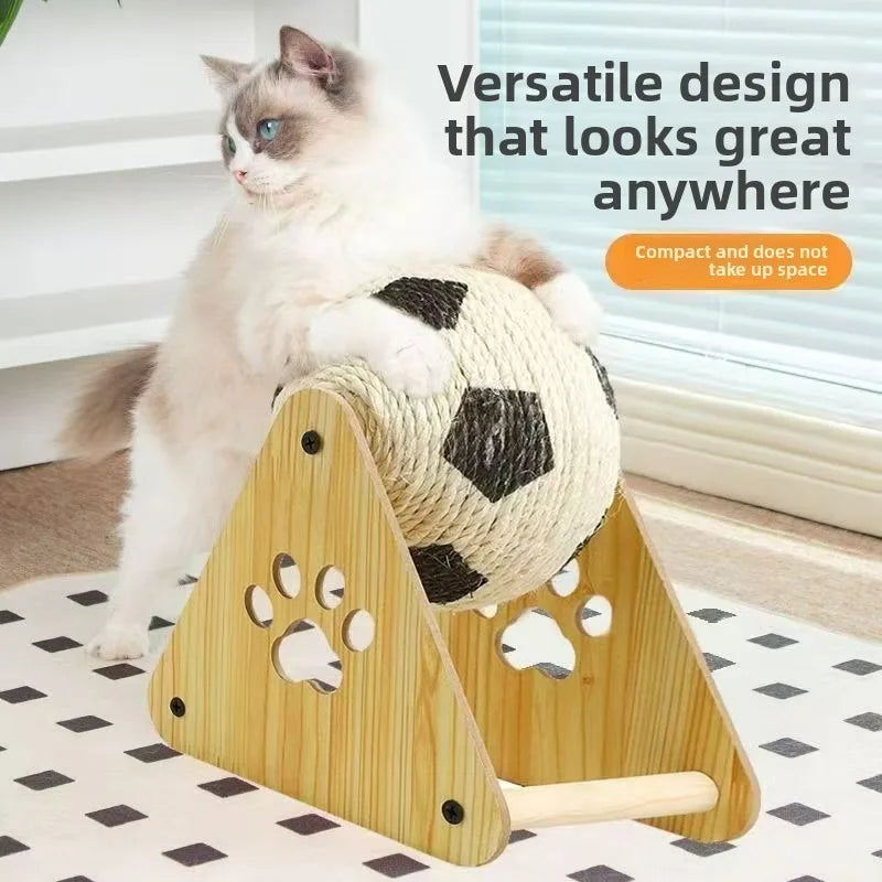 Cat playing with a wooden and rope toy shaped like a soccer ball on a checkered floor.