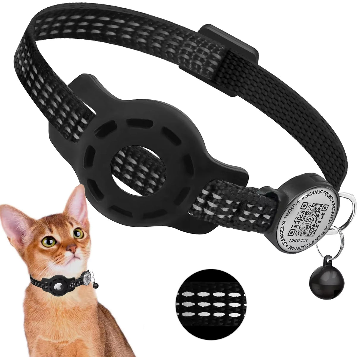 Black cat collar with adjustable mechanism, cat tag, and QR code on a white background.