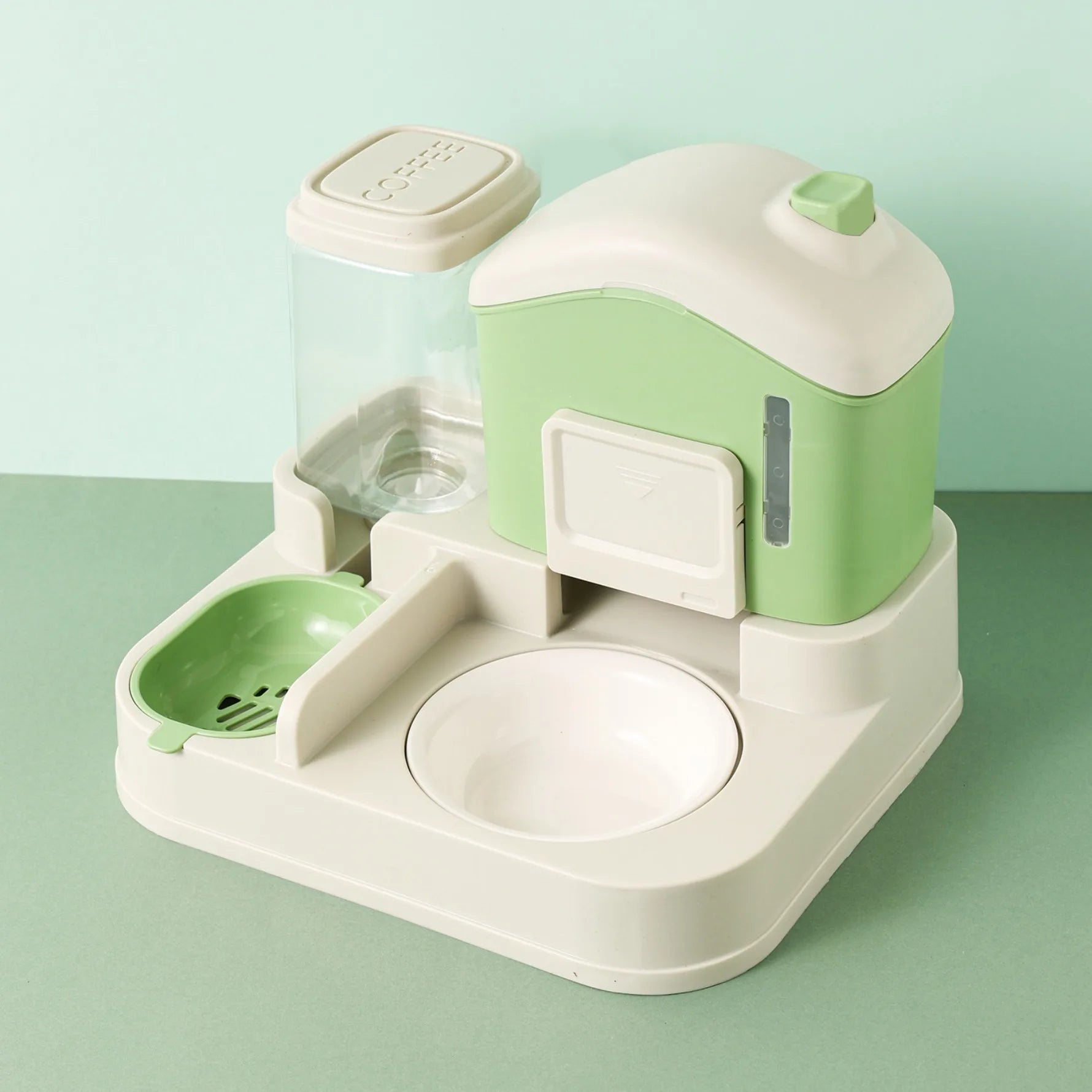 Pet feeding and water station with green and white design on a light green background