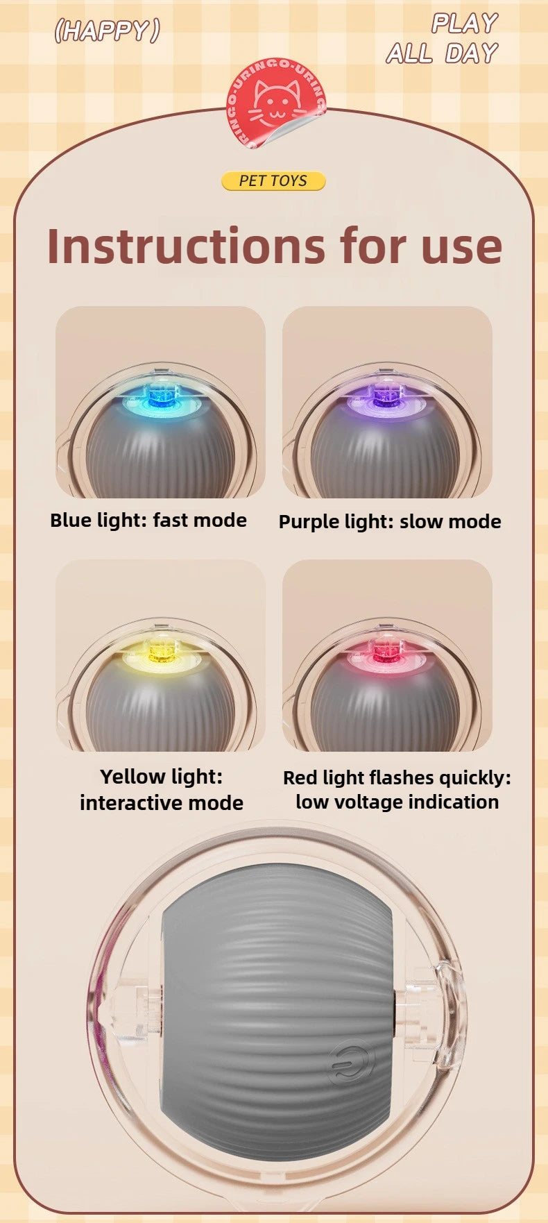 Instructions for use of a pet toy with light indicators on a beige background