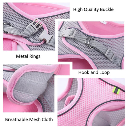 Collage of pink and gray dog harness with labeled features on a white background
