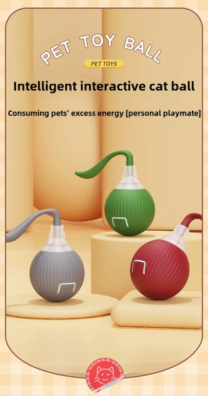 Three colorful pet toy balls with a beige background and text about intelligent interactive cat balls.
