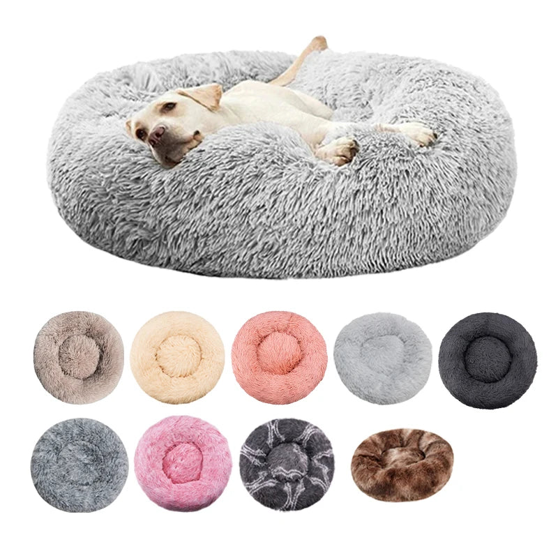 Fluffy gray pet bed with a dog lying on it, surrounded by color swatches.