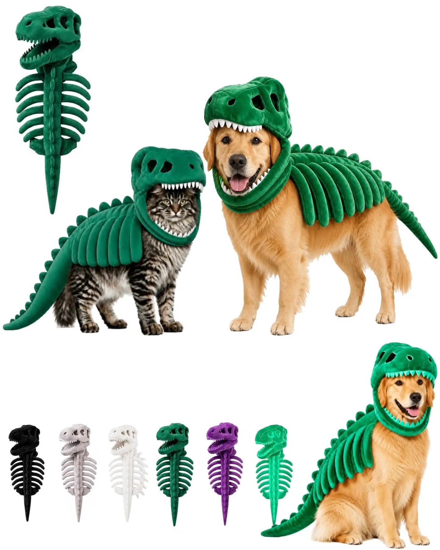 Green dinosaur skeleton costume set shown on a dog, a cat, and as standalone pieces, with small color variants along the bottom on a white background.