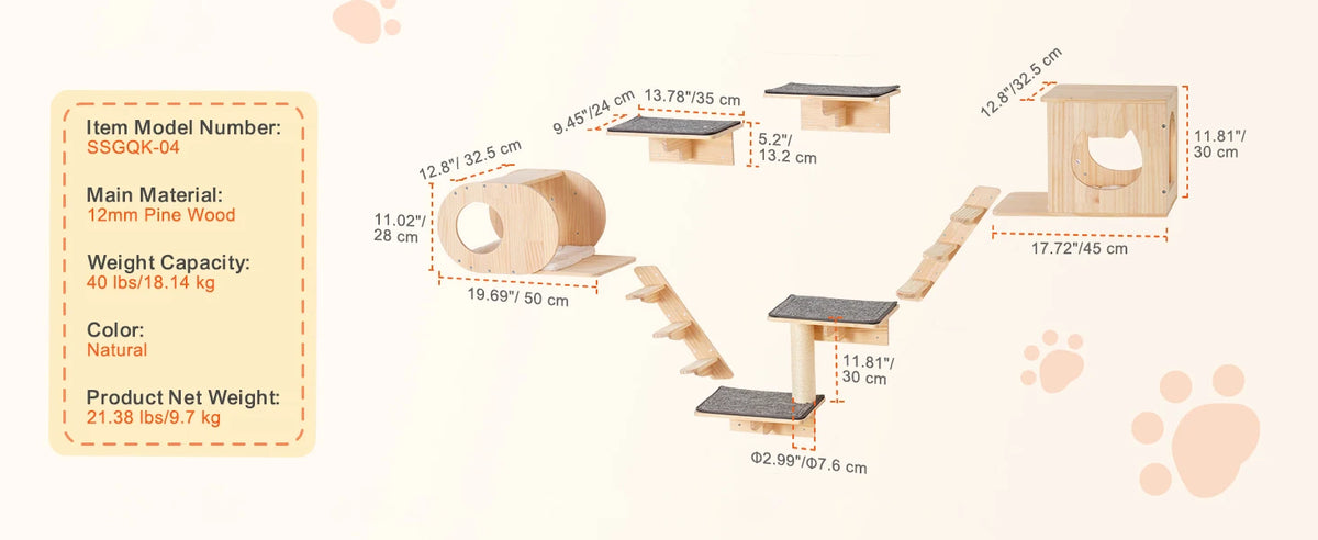 Cat tree with dimensions and specifications on a light background