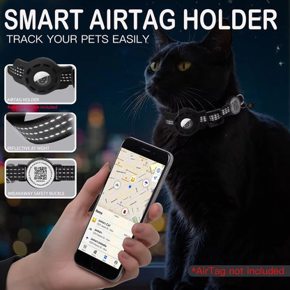 Smart Airtag holder for pet tracking with a cat wearing a collar and a phone showing a map.