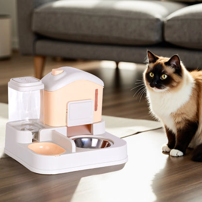Cat sitting next to a pet feeding station on a wooden floor.