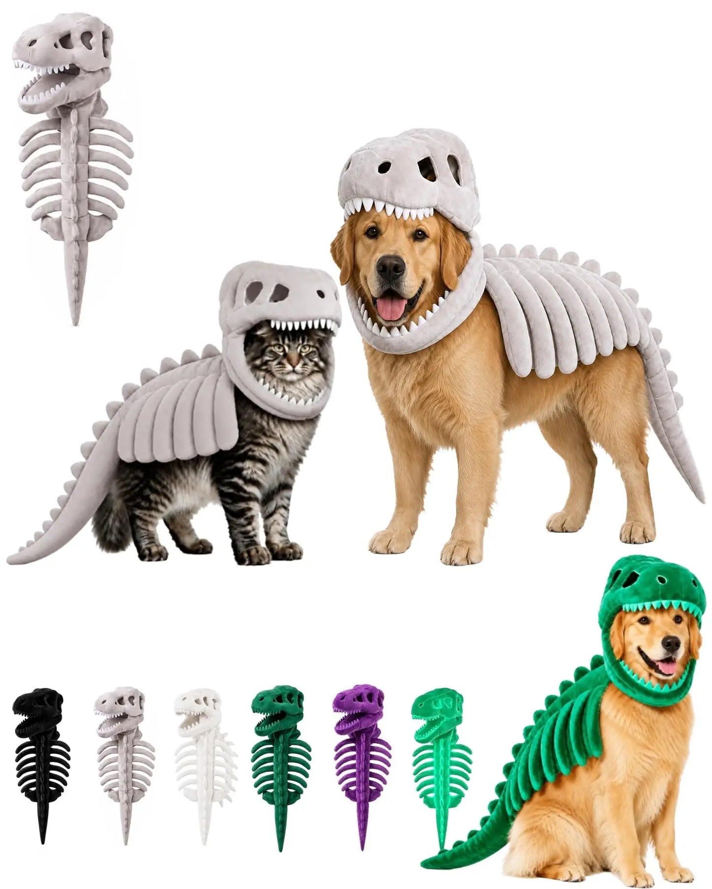 Dinosaur skeleton costume set for pets, featuring a dog and cat wearing gray dinosaur bone outfits, with a separate green dinosaur bone outfit shown on a dog and as color options along the bottom.