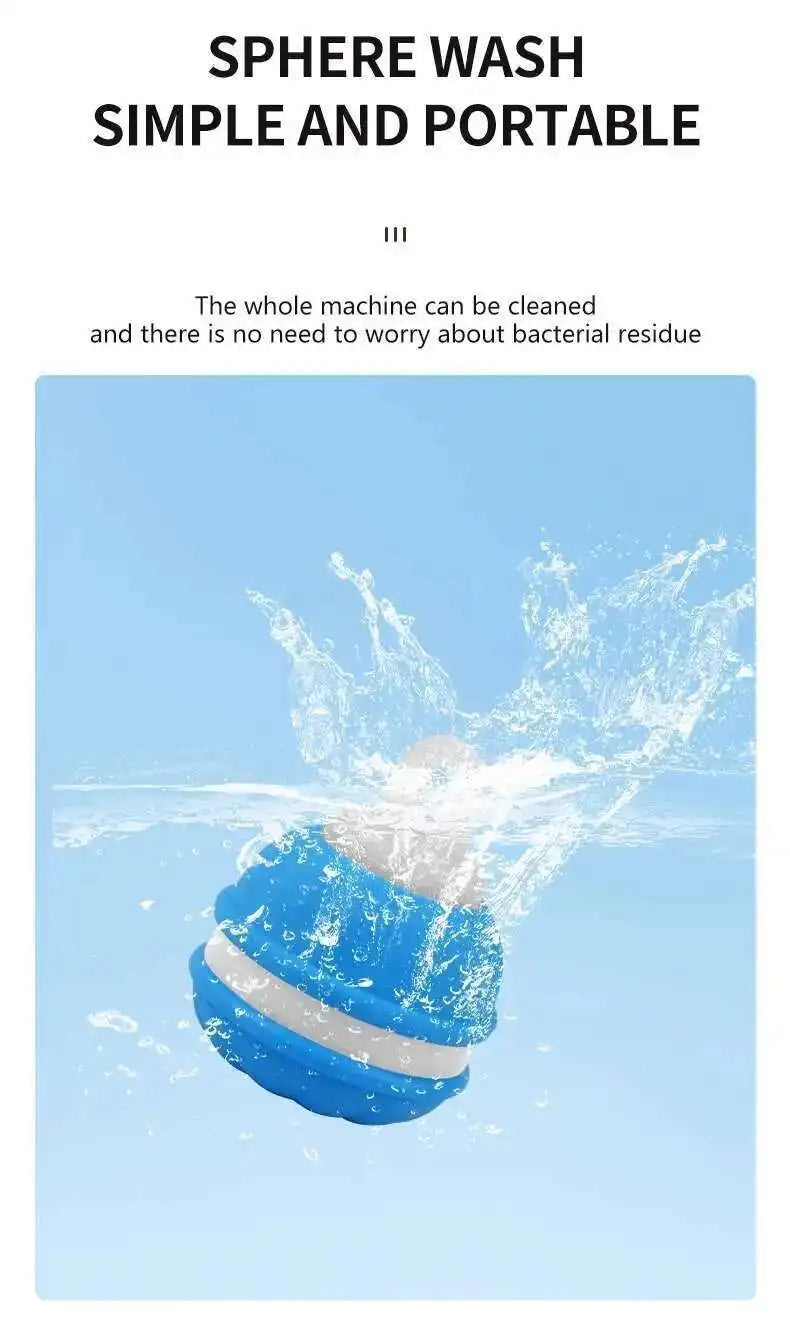 Blue sphere with water splashes on a light blue background, text about sphere wash machine.
