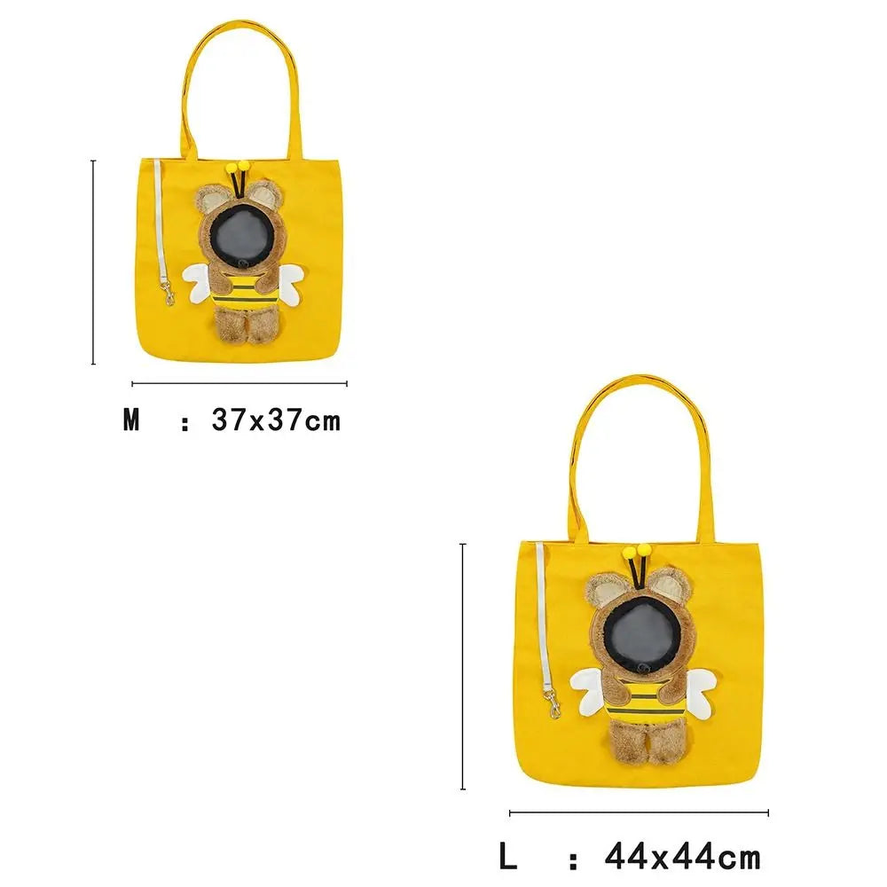 Two yellow tote bags shown on a white background with size labels: a smaller M bag at 37x37cm and a larger L bag at 44x44cm. Each bag has a bee applique design on the front and handles are visible.