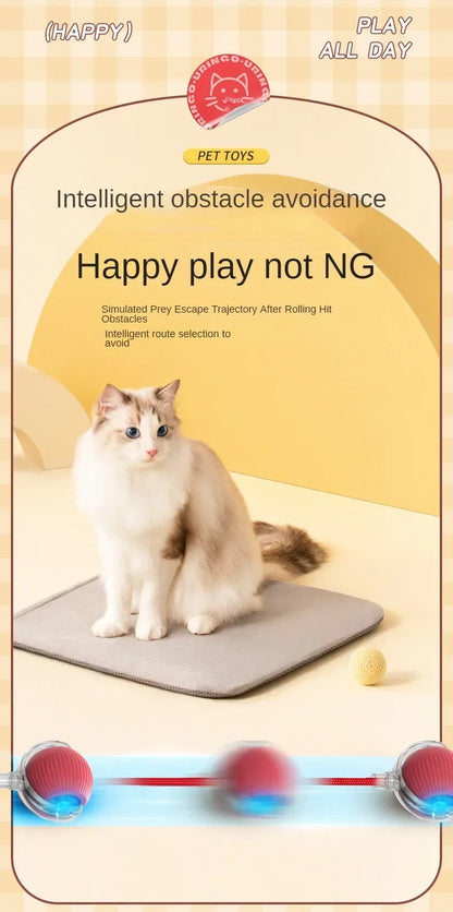 Cat playing on a mat with toy balls, promotional text about intelligent obstacle avoidance and safe play.