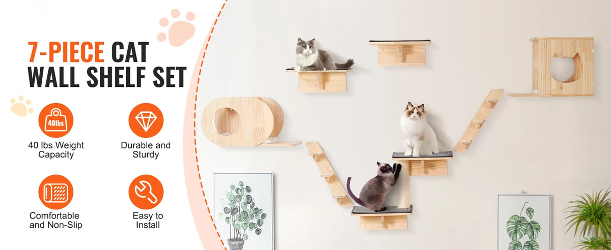 7-piece cat wall shelf set with cats on shelves against a white wall.