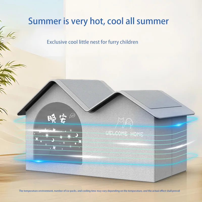 A-frame pet house with cooling airflow graphic, illustrating summer temperature relief for pets